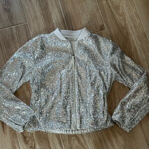 NWT 🆕 LOFT Silver Sequin Bomber Jacket    SZ S